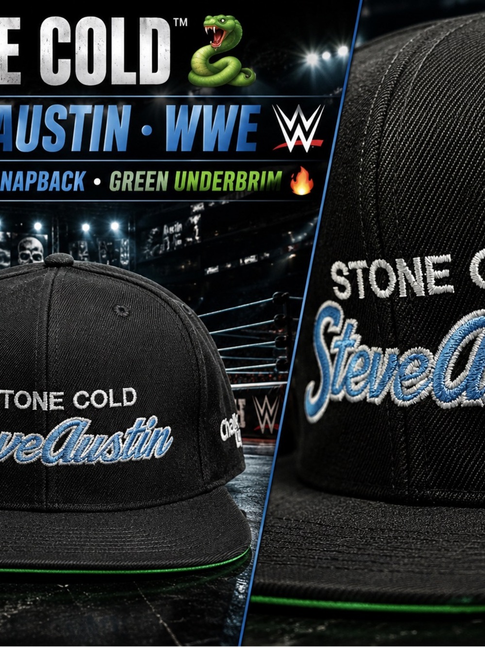 WWE Steve Austin Black Snapback Cap with Green Underbrim